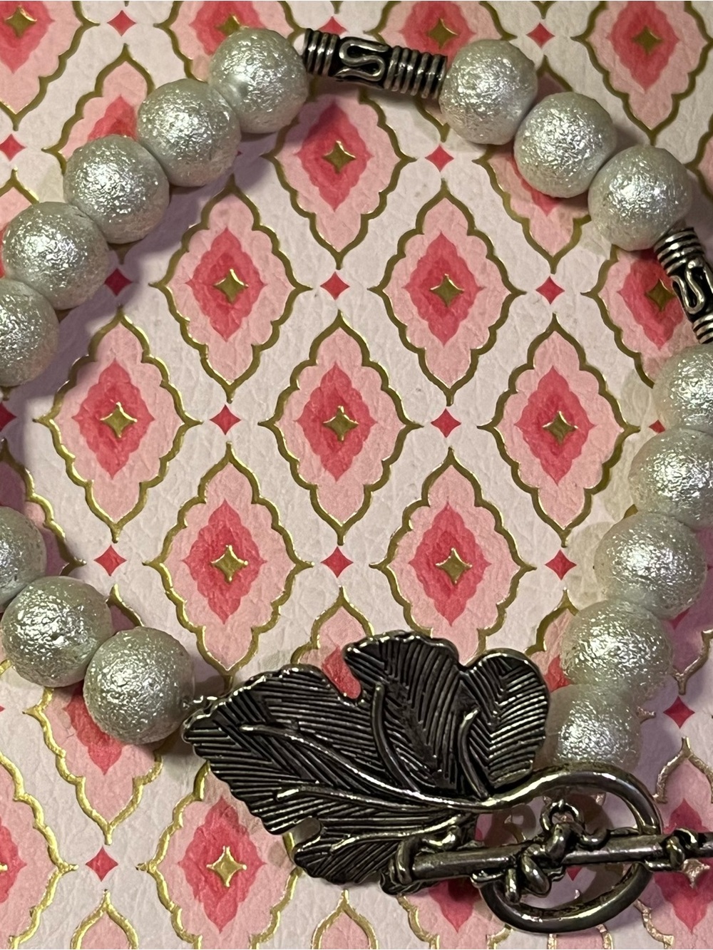 Vintage Silver Grape Leaf Toggle Bracelet White Shimmer Stardust Beads